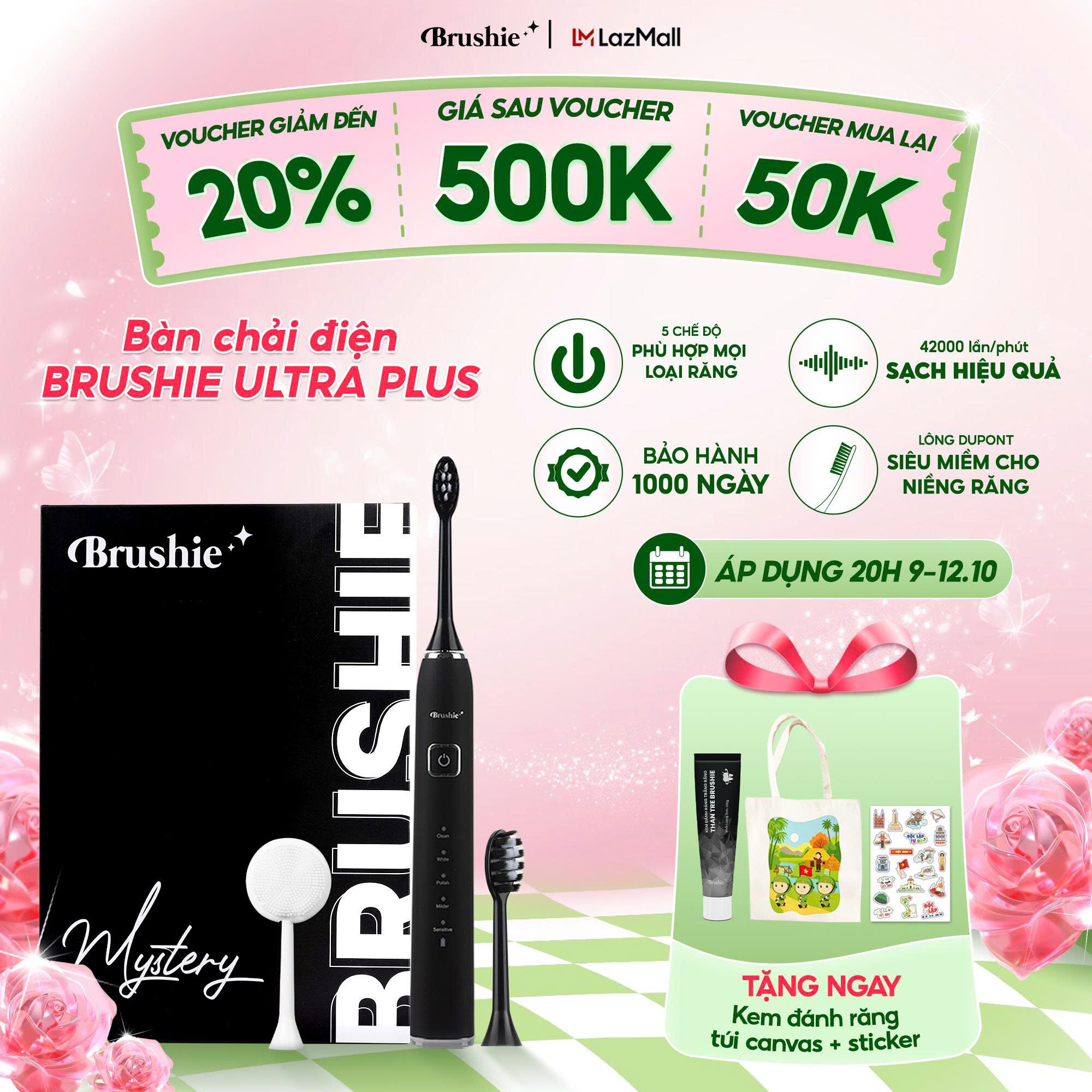 Bàn chải điện Brushie Ultra Plus 5 chế độ, bàn chải phù hợp cho cả người niềng răng - Hàng chính hãng