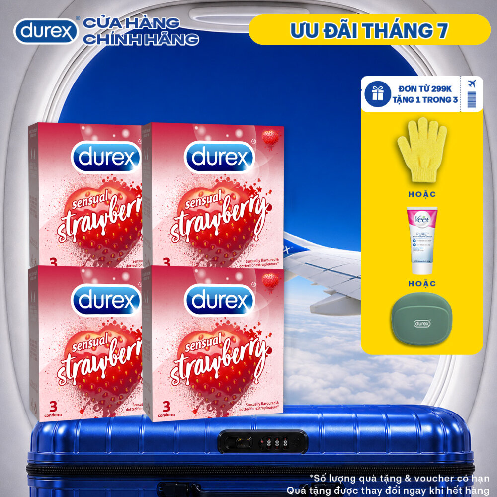 Bộ 4 hộp bao cao su Durex Sensual Strawberry hương dâu (size 52mm, 3 bao/hộp)