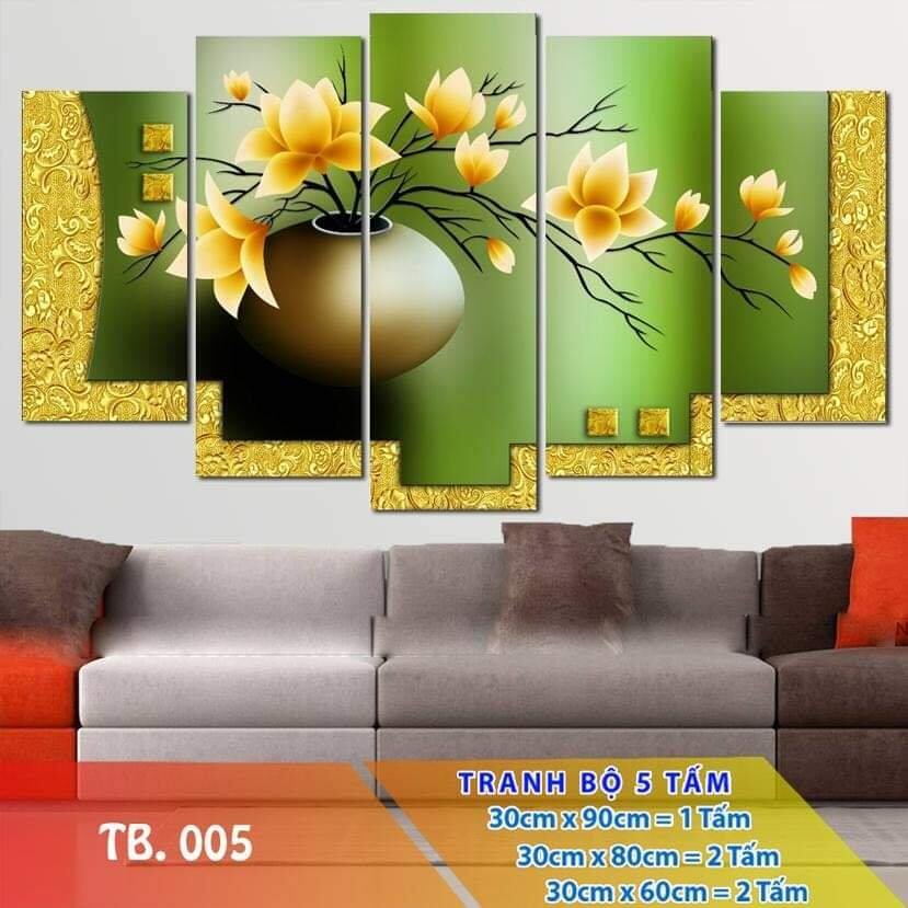 Tranh dán tường 3D lọ hoa hiện đại - Tranh lọ hoa nền xanh lá hoa vàng 5 bức ghép