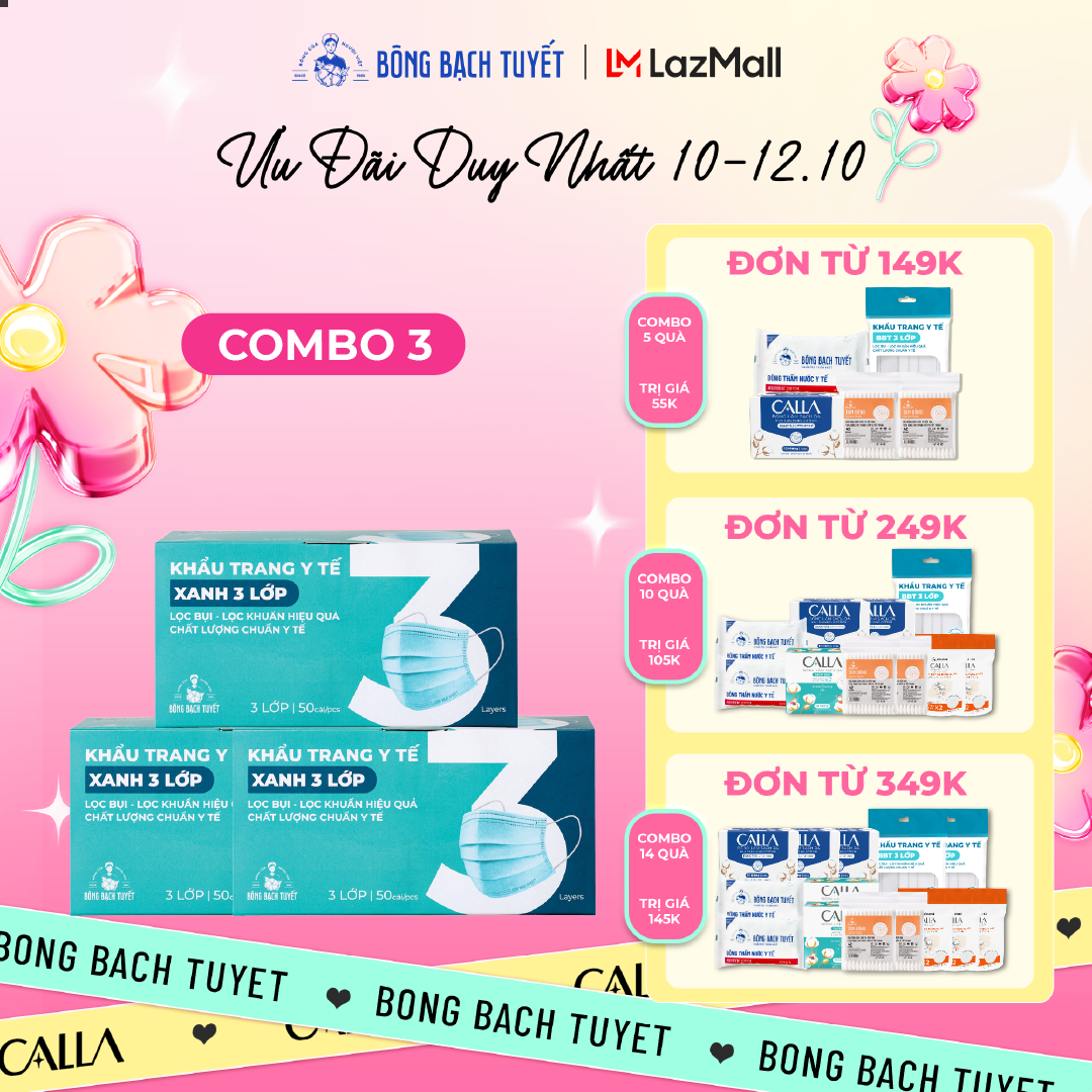 Combo 3 Hộp Khẩu trang Bông Bạch Tuyết 3 lớp xanh (50 cái/hộp)