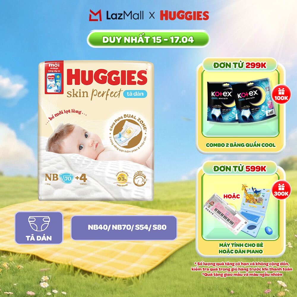 Tã/Bỉm Dán Sơ Sinh Huggies Skin Perfect NB/S với 2 Vùng Thấm Giảm Kích Ứng Da