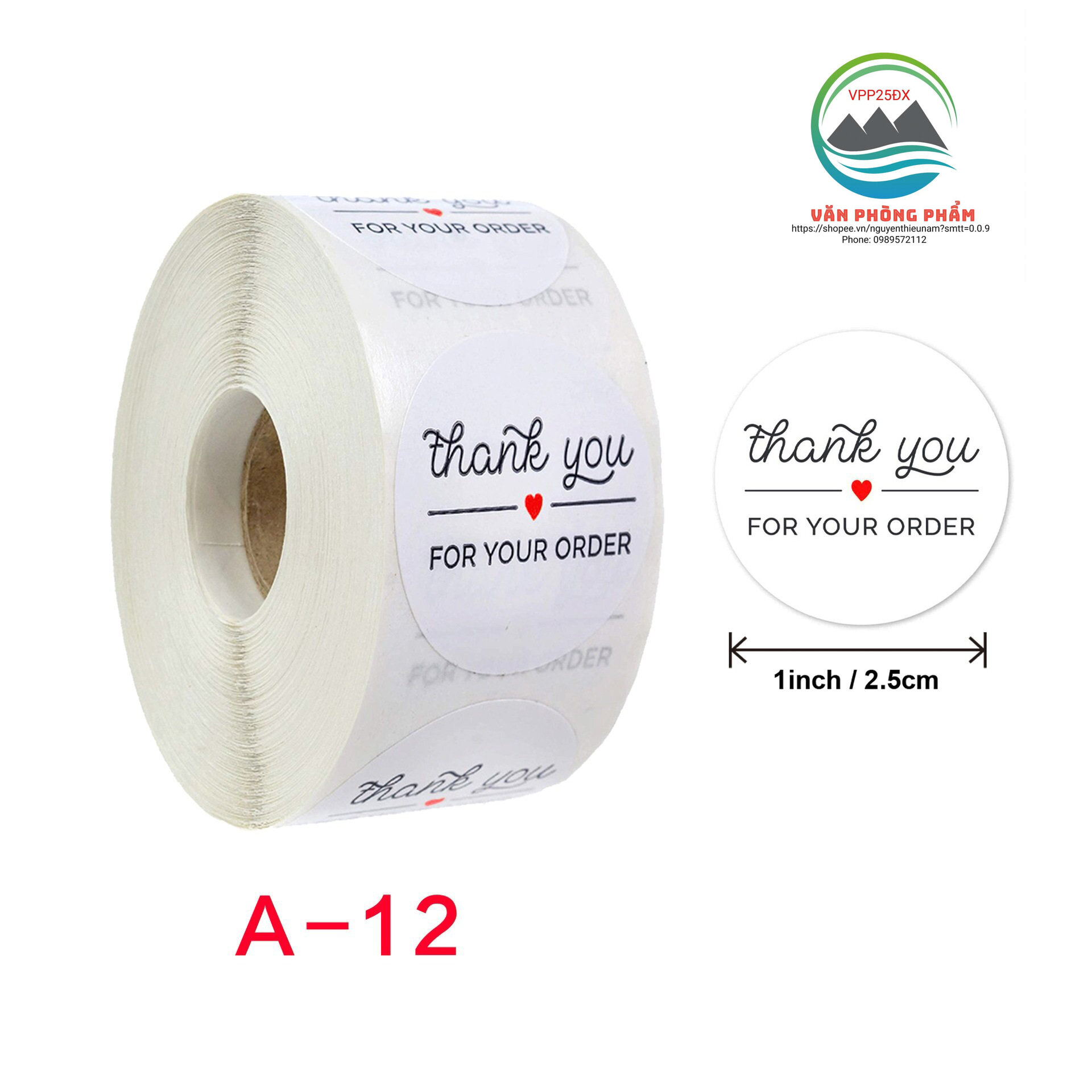 Tem dán sticker Thank you (1 cuộn 500 tem,kích thước 2.5cm).