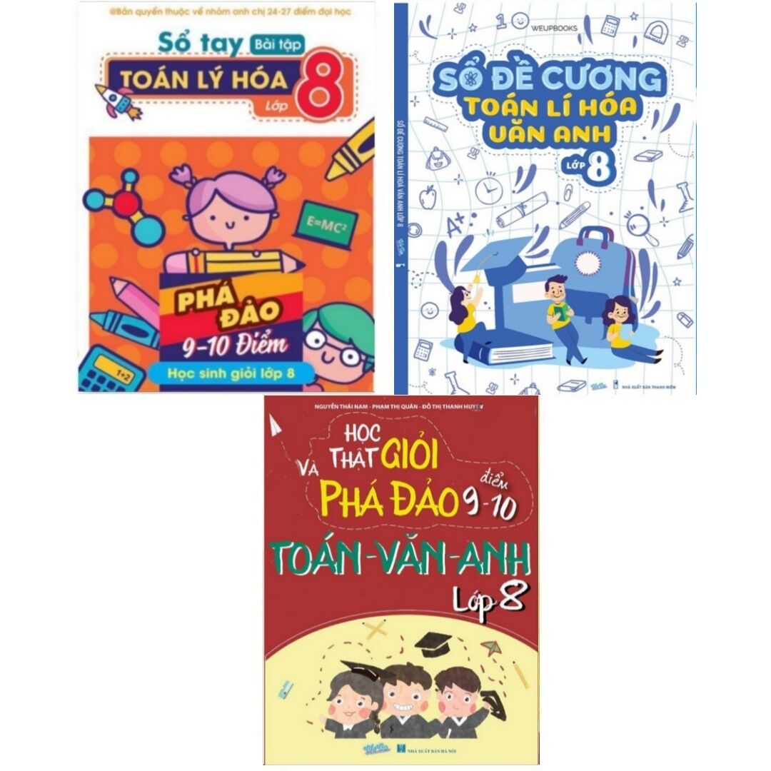Combo 3 cuốn sổ đề cương toán lí hóa văn anh lớp 8, sổ tay bài tập toán lí hóa lớp 8, toán văn anh lớp 8