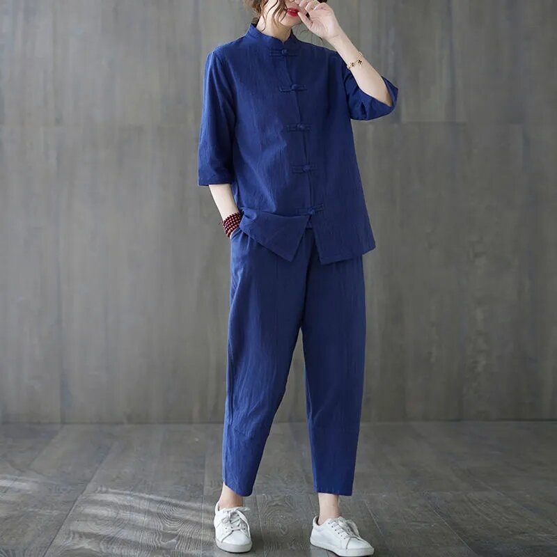 Bộ Đồ Trà Trung Hoa Hai Mảnh Vải Lanh Cotton Phong Cách Trẻ Trung Cho Nữ Bộ Đồ Phật Giáo Mùa Hè Cho Phụ Nữ