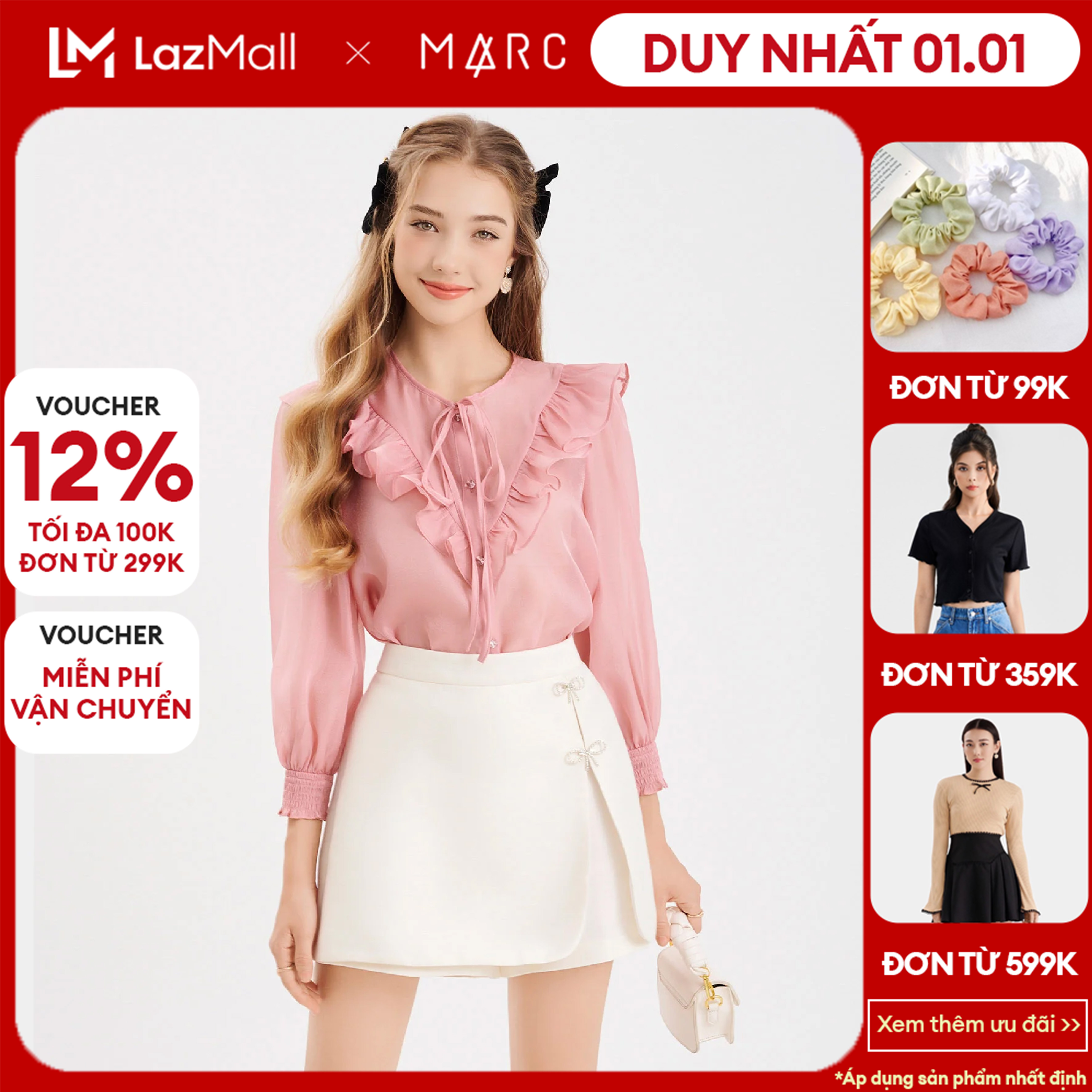 DUY NHẤT 01.01 VOUCHER 100K TẶNG ÁO ĐƠN 359K Áo sơ mi vải sheer phối bèo tay dài Nữ MARC FASHION FAQT101423