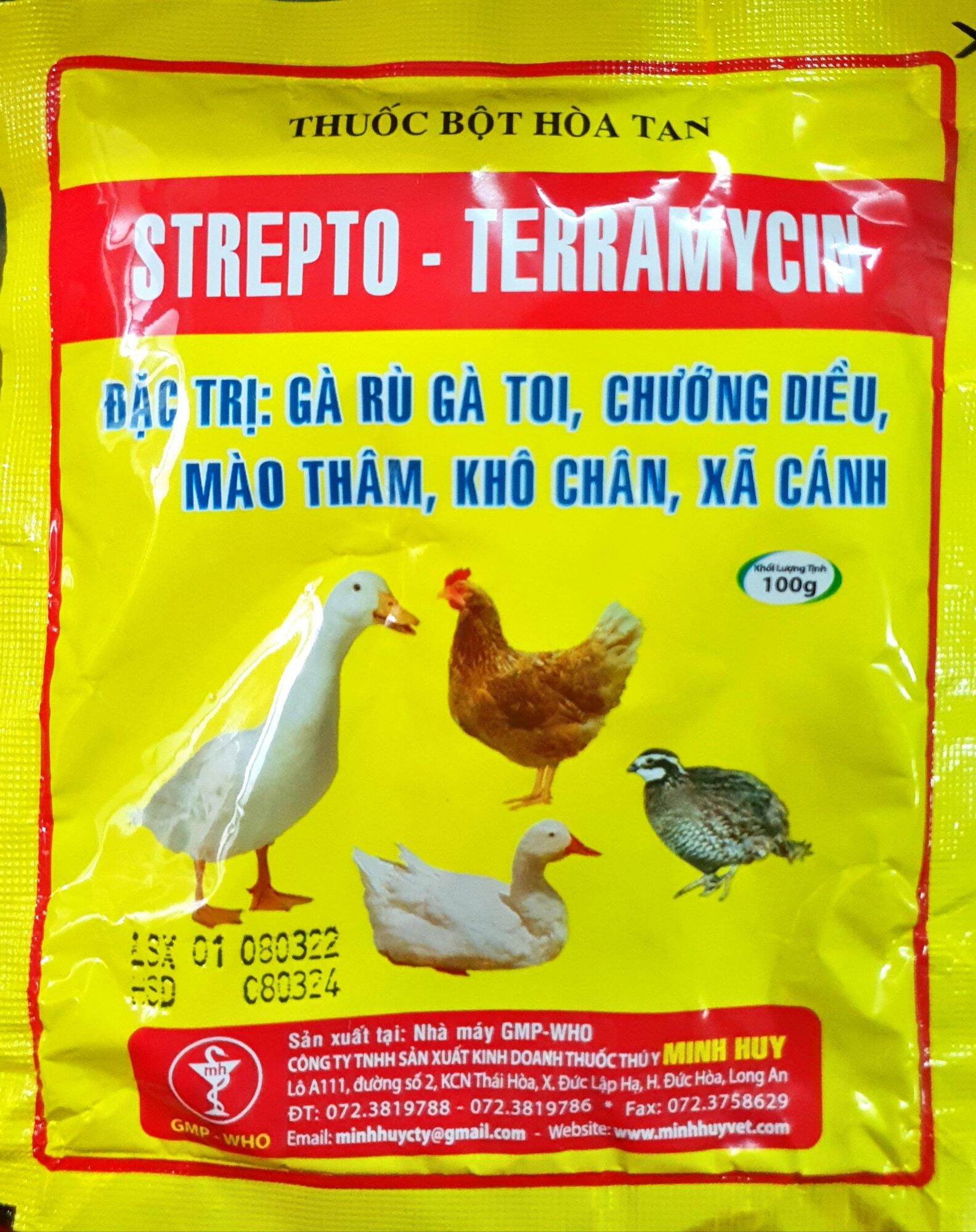 MH Strepto Terramycin (100gr) - Đặc tri. rù toi chướng diều, mào thâm, khô chân, xã cánh cho gà đá