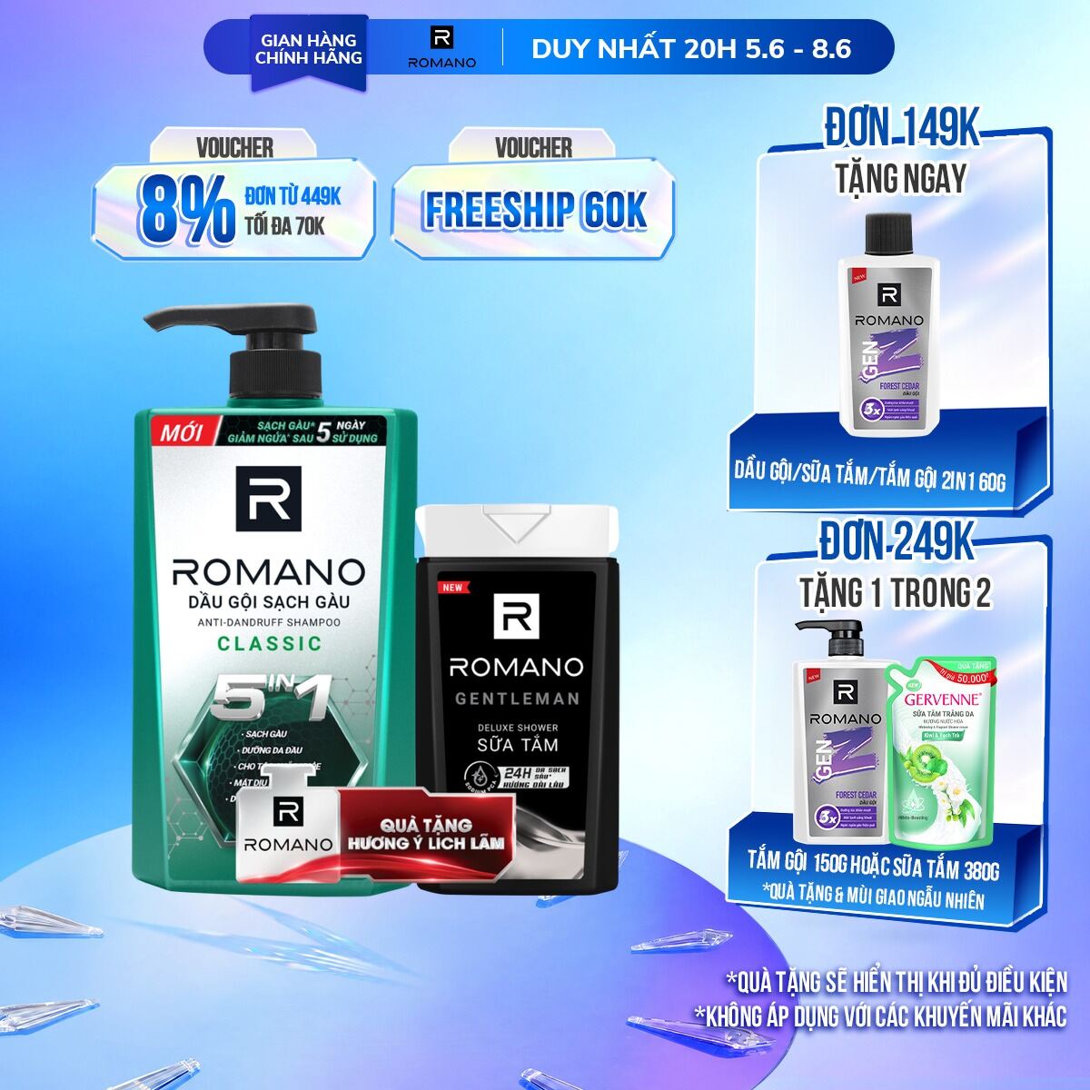 Dầu gội Romano sạch gàu Classic 610g tặng sữa tắm nước hoa Gentleman 150g