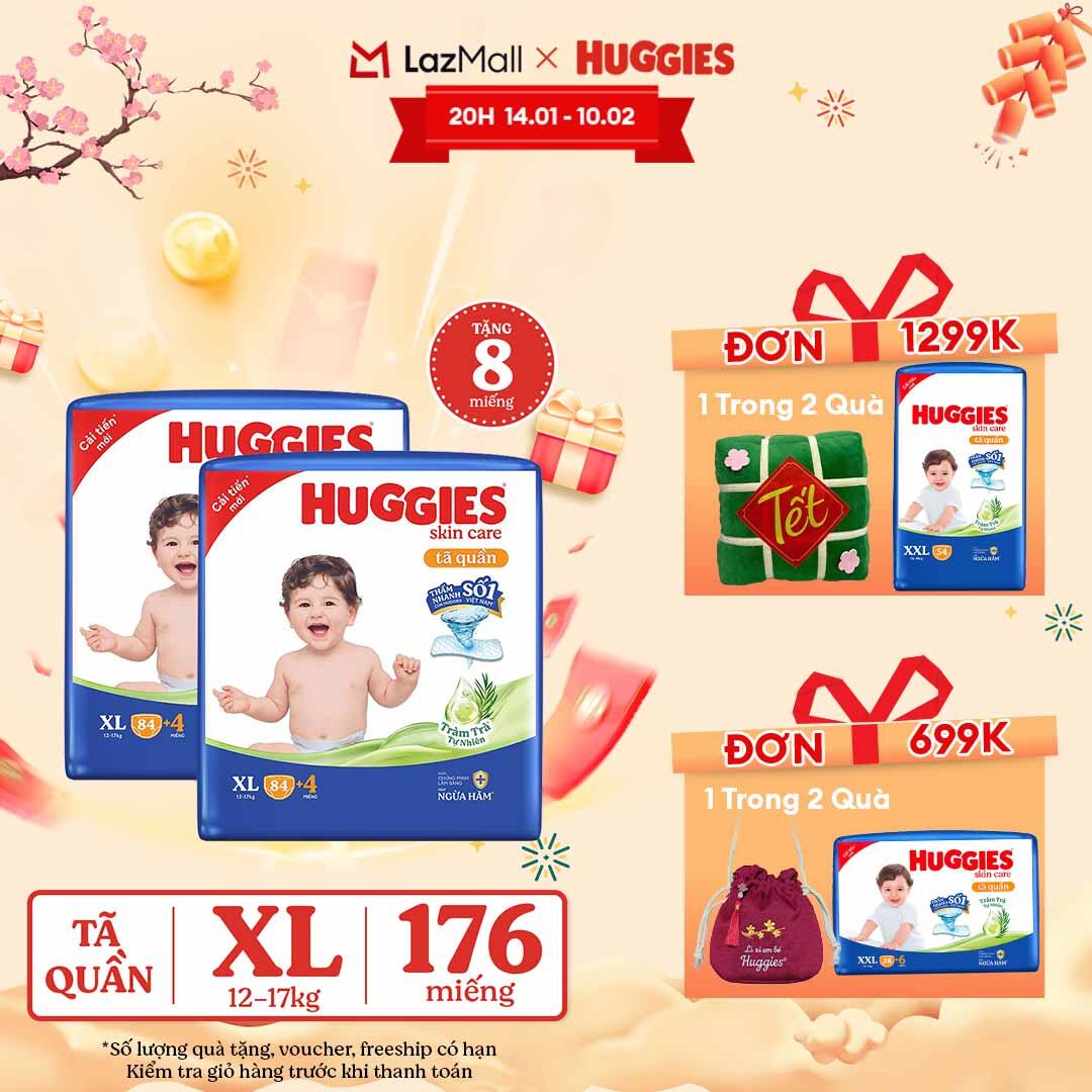 [CHỈ 15.01-10.02 GIẢM THÊM 90K]  Combo 2 Gói Tã/bỉm quần HUGGIES SKINCARE MEGA JUMBO size XL84+4 miếng