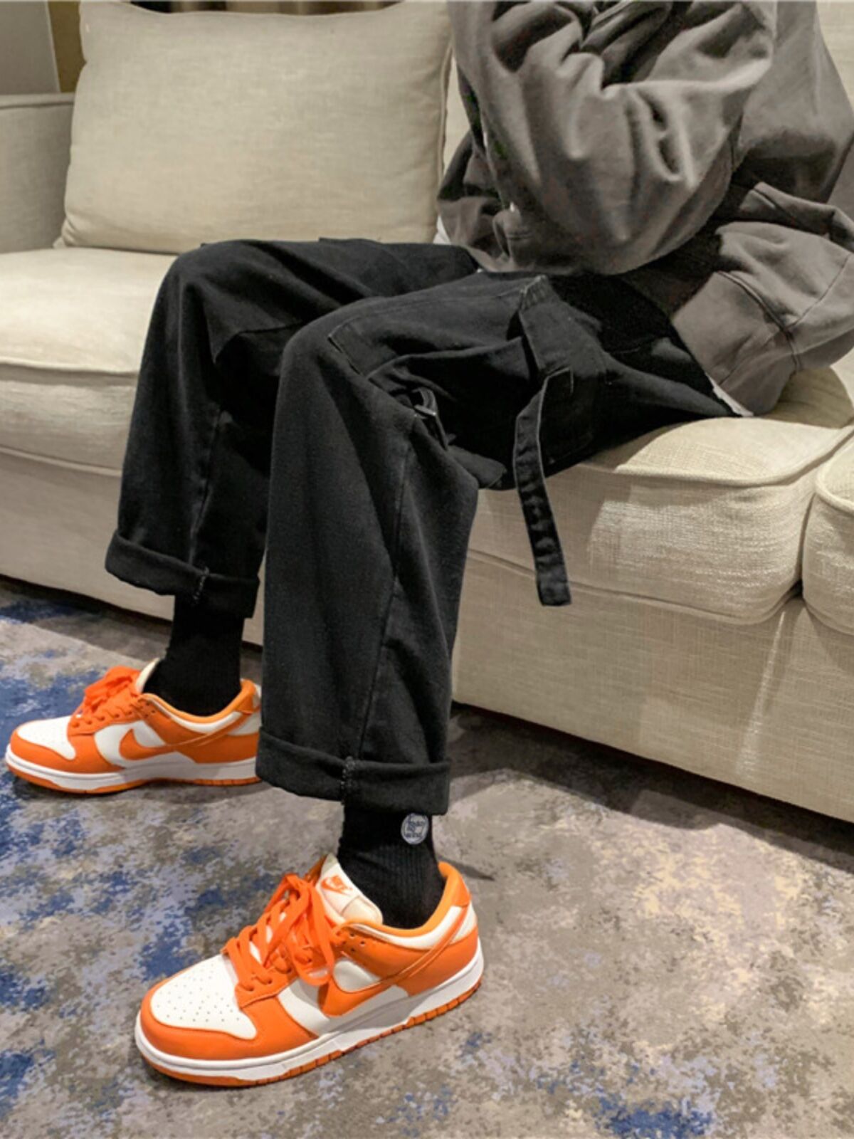 Rộng Rãi Chân Thẳng Nam Denim Quần Jean Cao Phong Cách Đường Phố Thoải Mái Đen Cotton, Vải Bông Quần Tây Giữa Eo Khóa Kéo Túi Đa Giặt