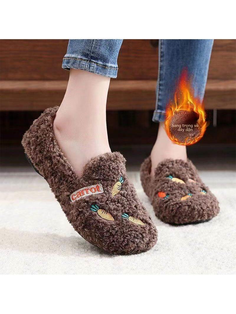 Giày Lông Mịn Mùa Đông 2024 Đế Mềm Chống Trượt Phong Cách Thường Ngày Thời Trang Nữ Giày Bệt Đế Bằng Lót Lông Cừu Giày Lười