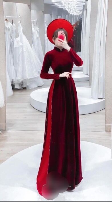 Áo dài nhung đỏ đô truyền thống may sẵn kèm quần