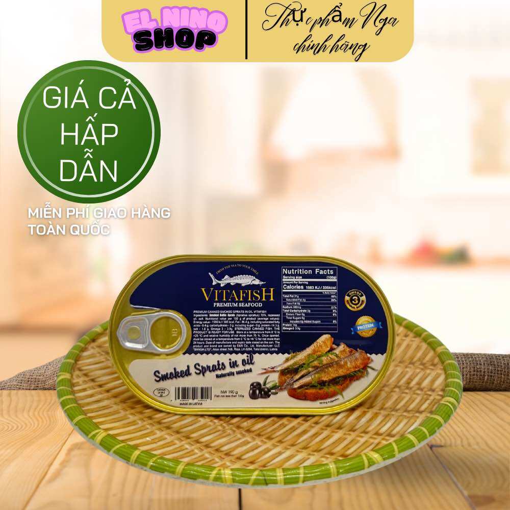 Cá trích ngâm dầu Vitafish 190g , Cá trích hun khói Nga