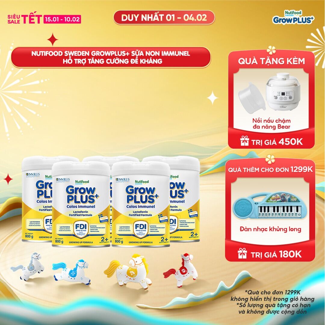 Combo 5 Sữa Bột Nutifood Sweden GrowPLUS+ Sữa Non Immunel trên 2 tuổi lon 800 g (Bao bì tuỳ lô hàng)