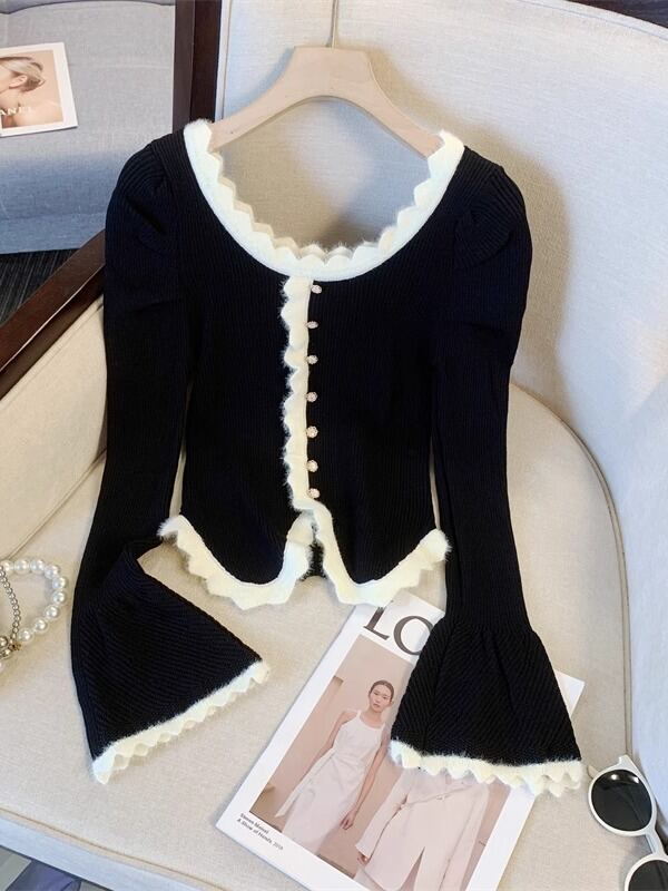 Áo Len Dệt Kim Ngắn Kiểu Pháp Dành Cho Nữ, Áo Chui Đầu, Tay Dài, Cổ Tròn Thấp, Họa Tiết Xếp Nếp, Áo Chui Đầu, Áo Chui Đầu