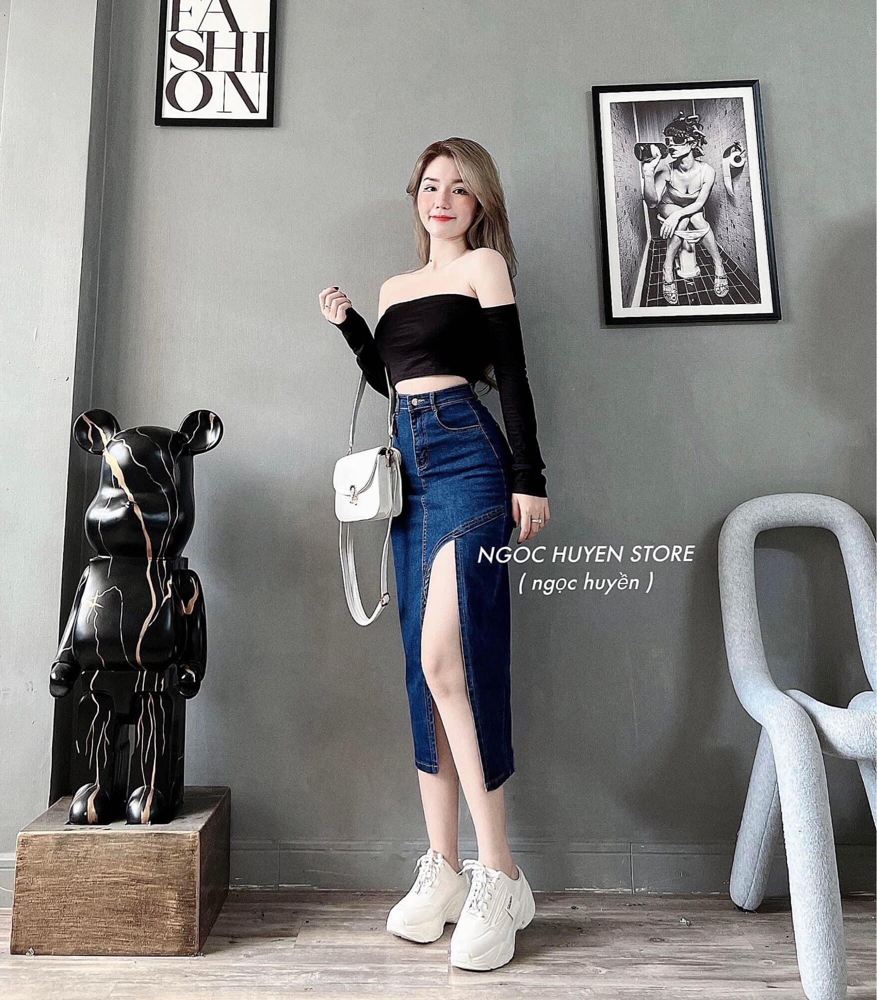Ảnh thật (Chân váy jean áng dài co giãn xẻ gối)