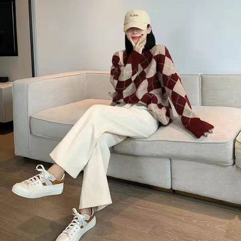 Quần Ống Rộng Chenille Màu Trắng Lót Nhung Quần Thường Ngày Vải Nhung Kẻ Dệt Kim Thân Hình Nhỏ Mẫu Mới Năm 2023 Thu Đông Cho Nữ