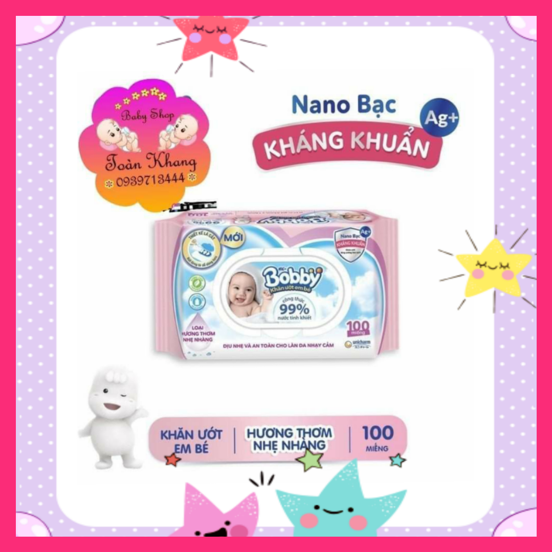 Khăn ướt bobby 100 tờ loại hương thơm nhẹ nhàng màu hồng|tkshop baby|