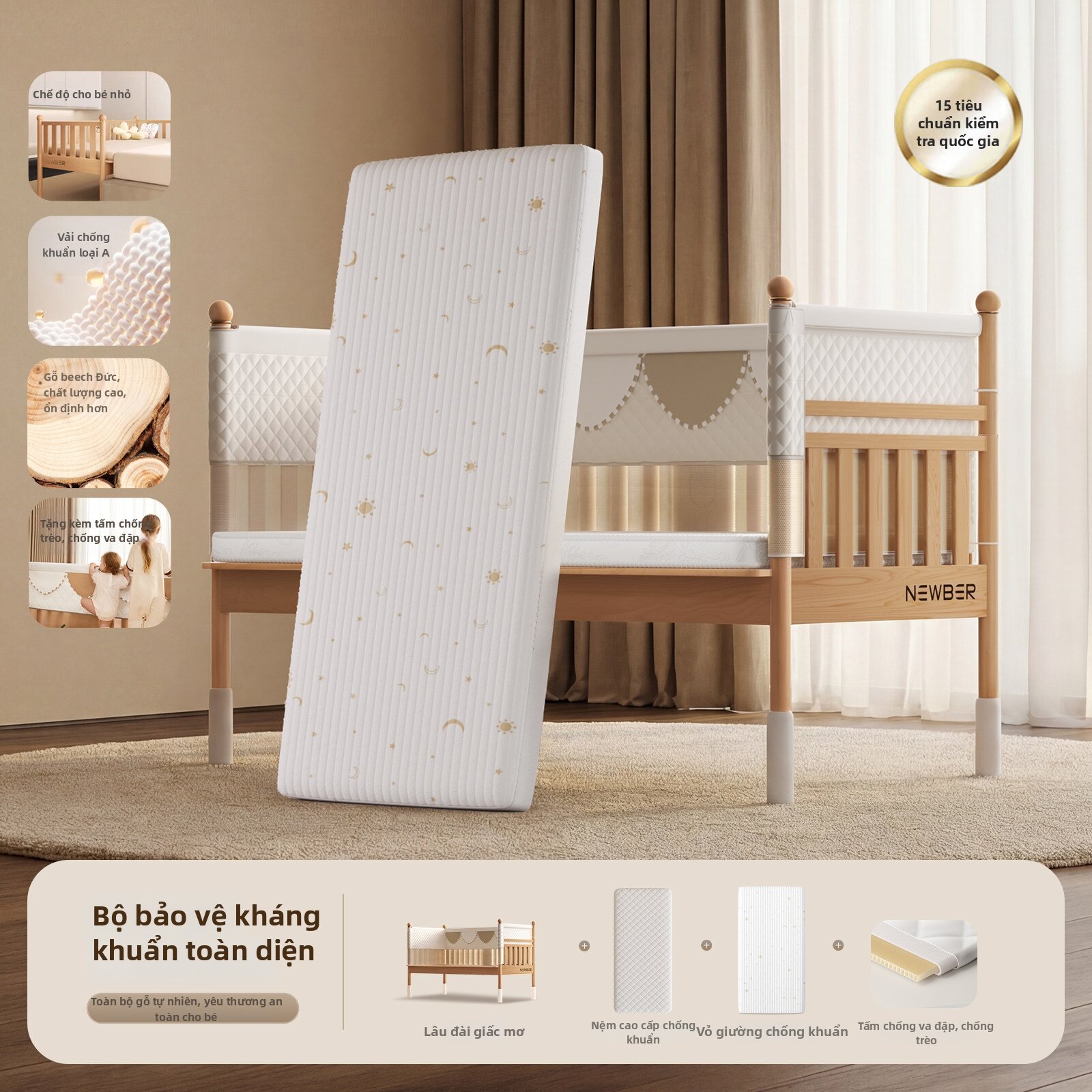 NIUBEIER | Nôi Gỗ Nguyên Khối Không Khoảng Cách Mở Rộng