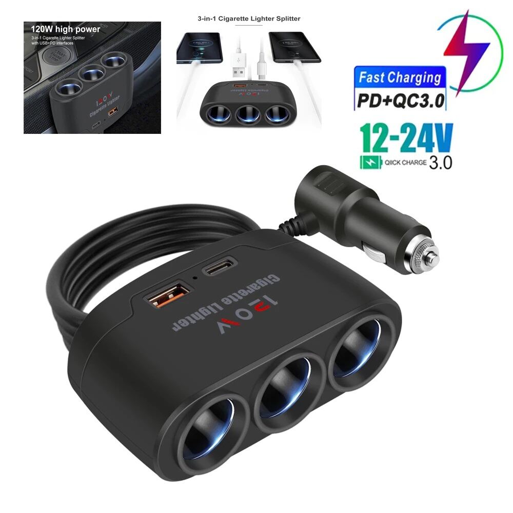  Bộ sạc ô tô Bộ chuyển đổi 12V 24V 3 Ổ cắm bật lửa thuốc lá Bộ chia USB kép LED xe hơi Sạc nhanh cho iPhone iPad GPS Dashcam 