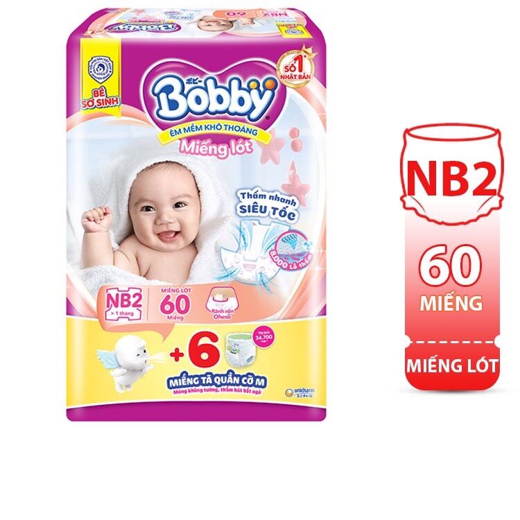 Miếng lót sơ sinh bobby newborn 2-60 tặng thêm 6 miếng tã dán