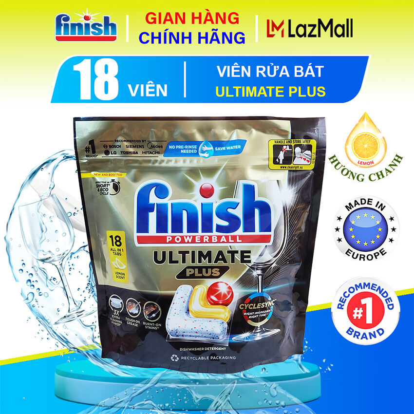 Viên rửa bát cao cấp Finish Powerball Ultimate Plus - Túi 18 viên hương chanh