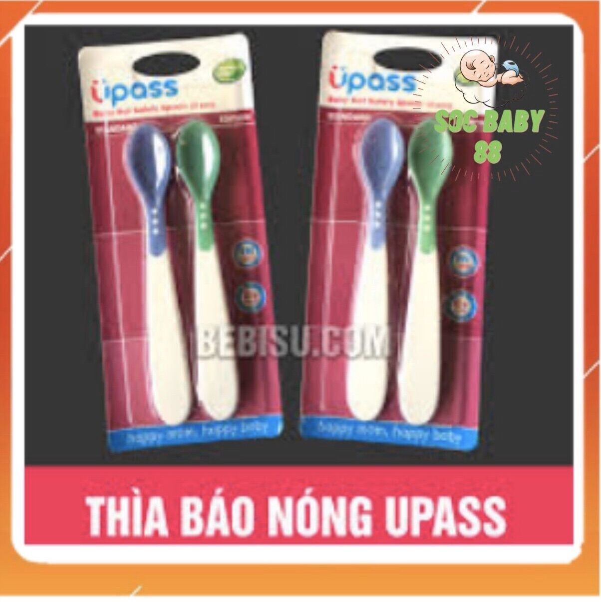 Thìa ăn dặm báo nóng upass, vỉ 2 thìa, thìa ăn dặm upass soc baby 88