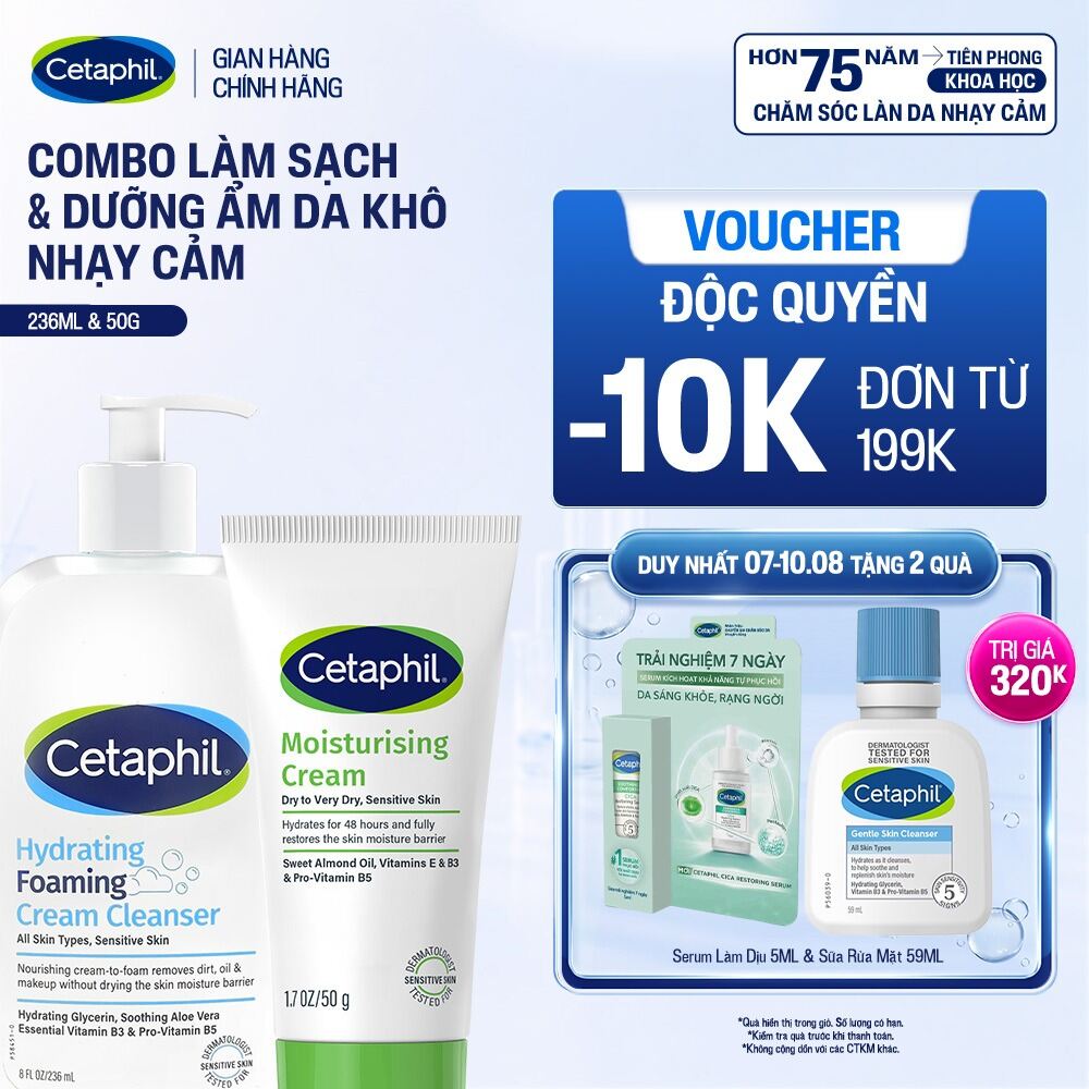 Combo Sữa Rửa Mặt Tạo Bọt Cetaphil Hydrating Foaming Cream Cleanser 236ml + Kem dưỡng ẩm CETAPHIL MOISTURISING CREAM 50G