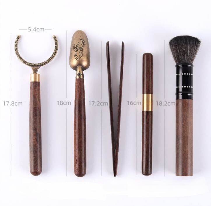 Bộ trà cụ uống trà gỗ cánh gà gồm 5 món trà cụ kết hợp hộp kim cùng lọ đựng bằng gốm/gỗ