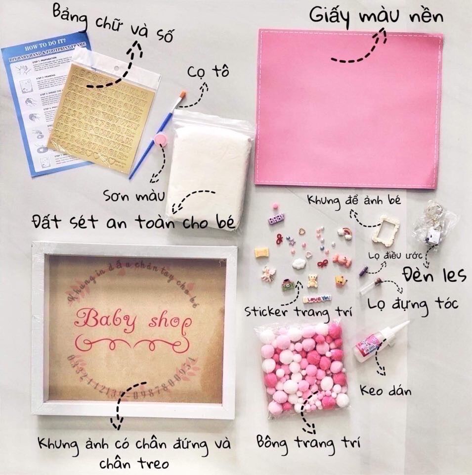 (In 2 ảnh miễn phí - Tặng thêm 1 khung ảnh nhỏ)Set 2 size M-L Khung in dấu chân tay bé