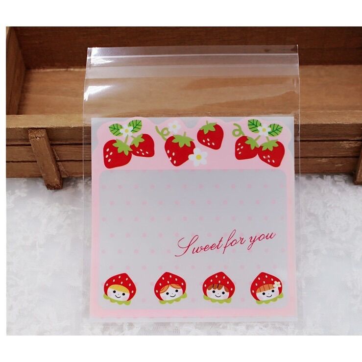 [HCM]Set 50 túi đựng bánh cookie quà tặng cô bé dâu tây đỏ 10 x 10 cm