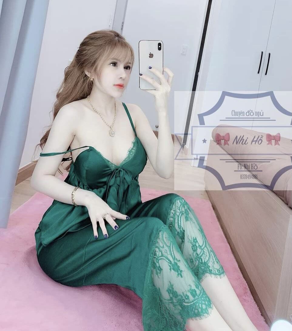 bộ 2 dây satin dài phối ren đồ bộ dây mặc nhà