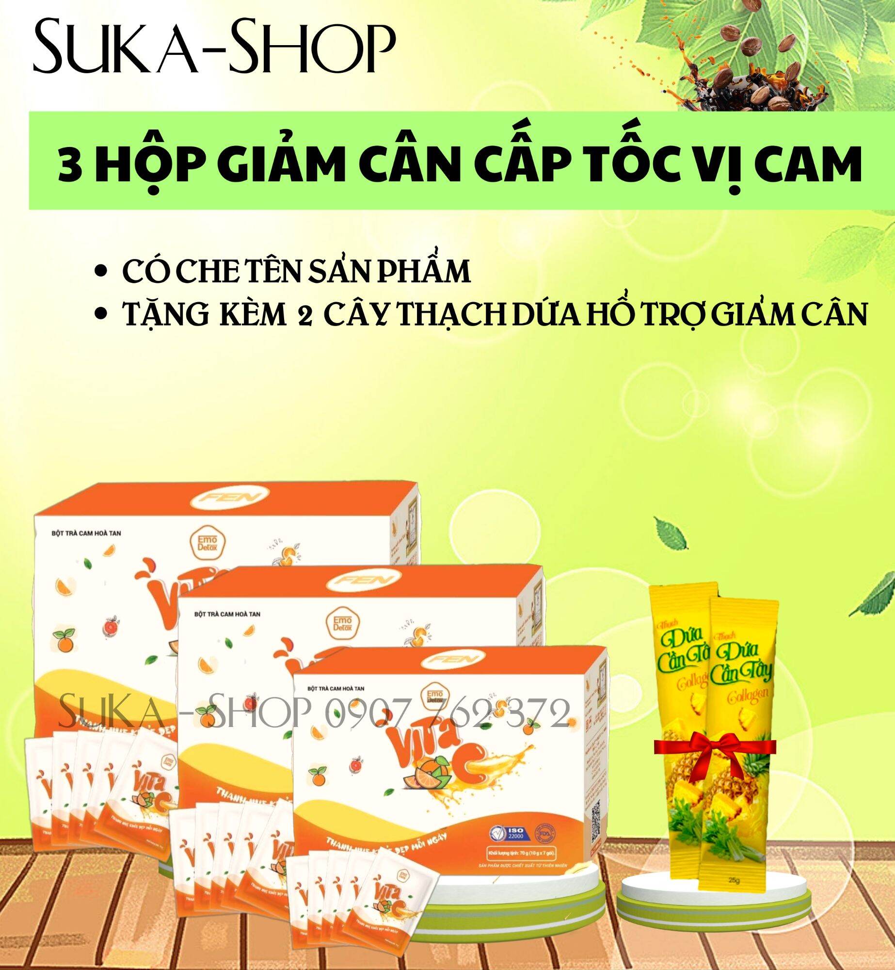 Combo 3 hộp giảm cân emoslim vị cam tặng kèm 2 cây thạch dứa cần tây hổ trợ giảm cân