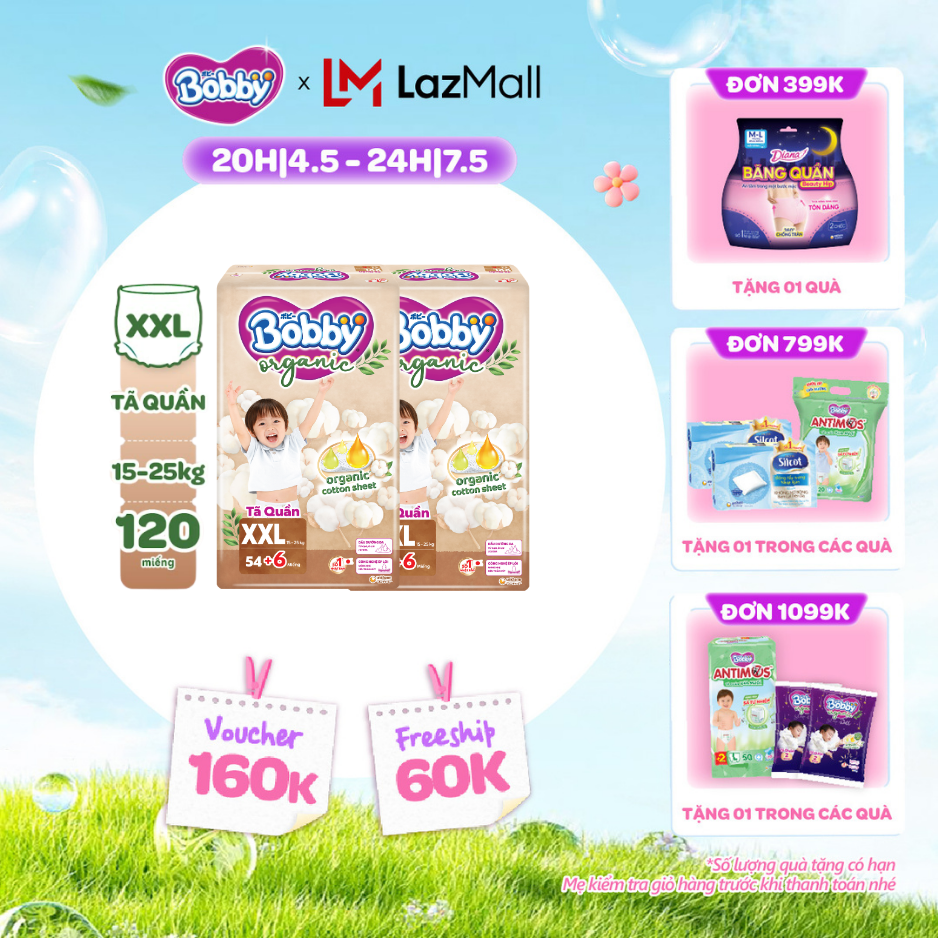 [CHỈ 20h 04-07.05 QT Đơn 899K/1199K][COMBO 2][TẶNG KÈM 6 MIẾNG] Tã quần cao cấp Bobby Organic chăm sóc dịu nhẹ từ thiên nhiên XXL54