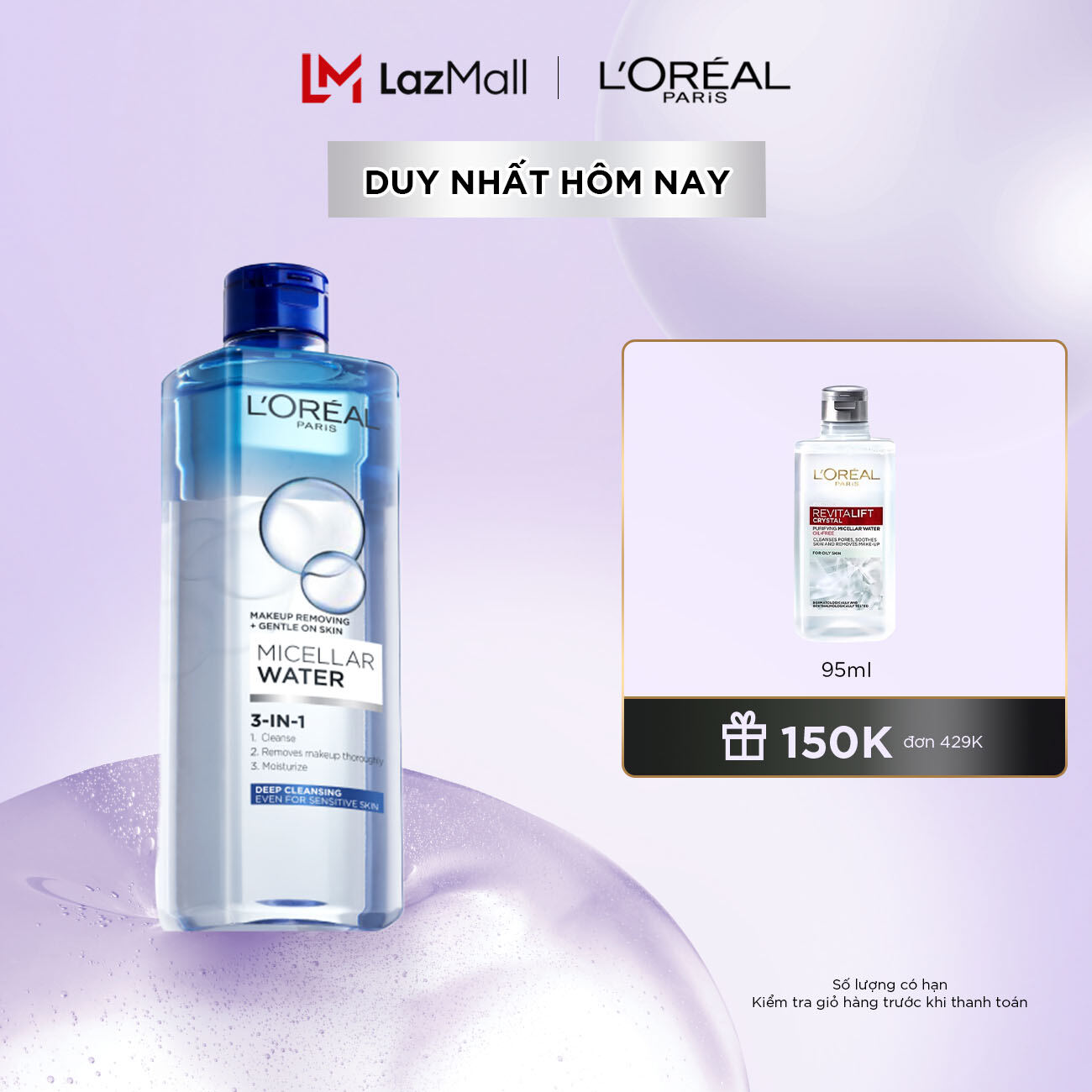 Nước tẩy trang đa năng 3-in-1 L'Oreal Paris Micellar làm sạch sâu 400ml (xanh dương đậm)