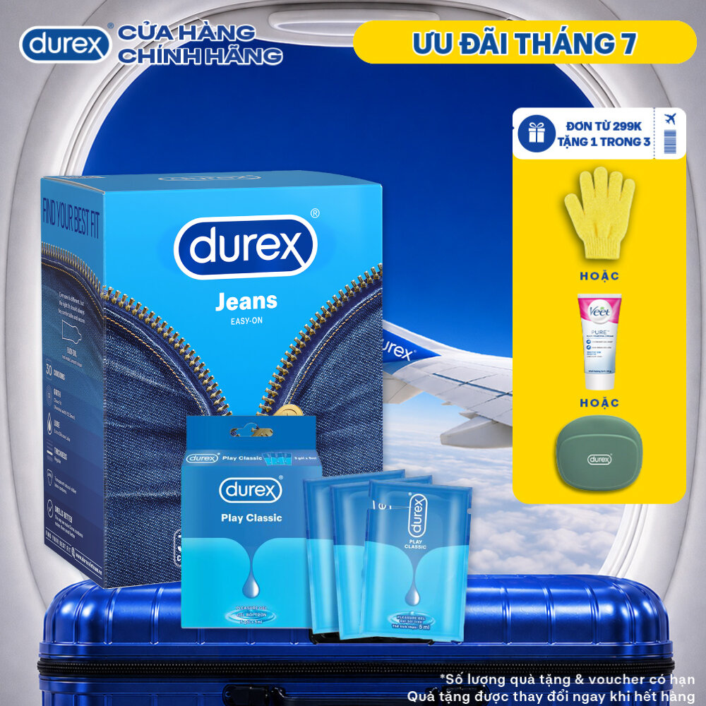 [ĐỘC QUYỀN] Combo 1 hộp  Bao cao su Durex Jeans 52.5mm 30 bao  1 Gel bôi trơn Durex play classic Hộp 3 gói x 5ml