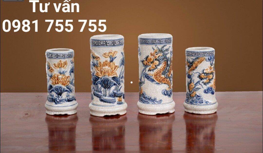 Lọ đựng hương_ống cắm hương men rạn hoa sen nổi gốm sứ bát tràng loại 1