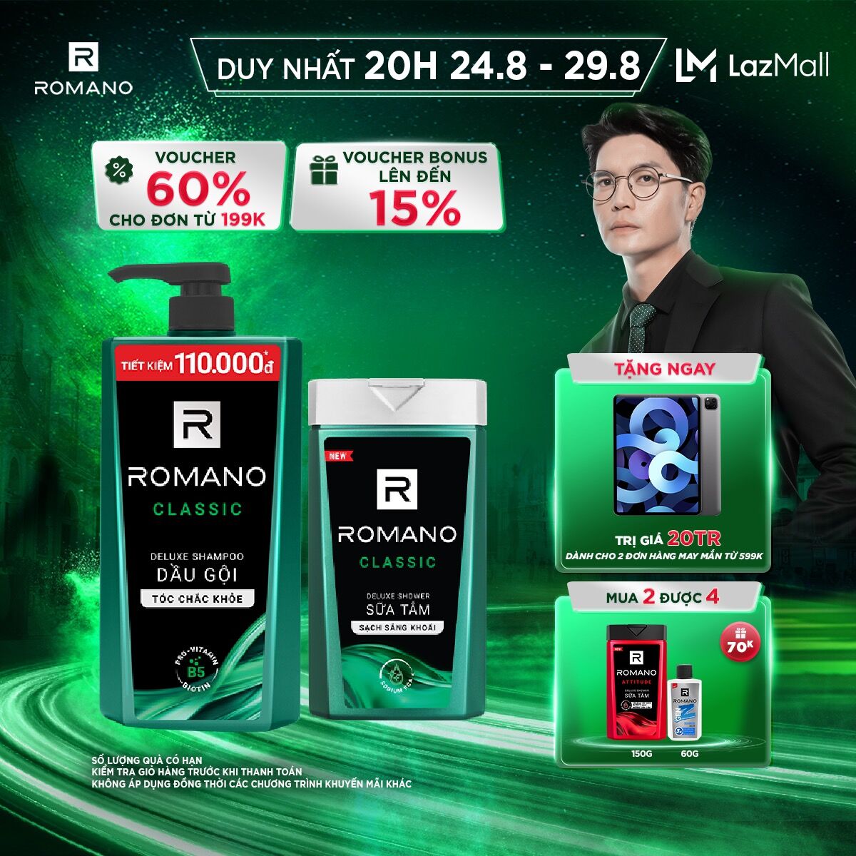 Dầu gội Romano Classic 900g + Sữa tắm sạch khuẩn Classic 180g