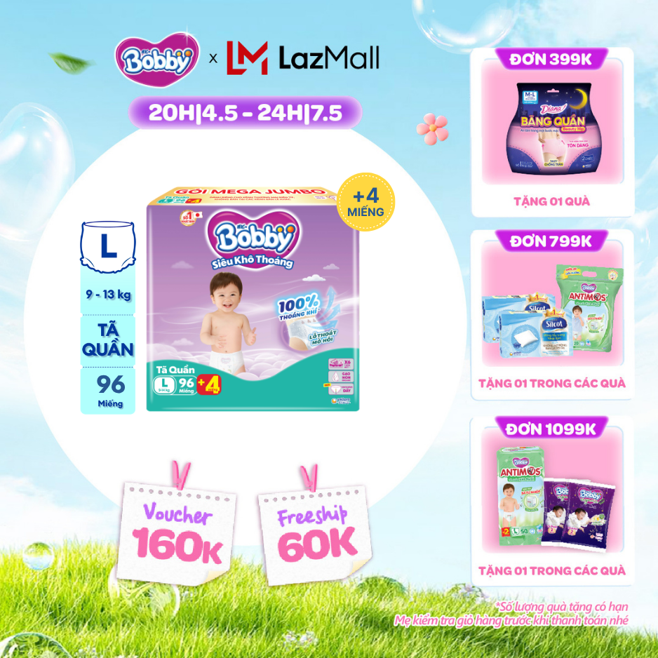 [CHỈ 20h 04-07.05 QT Đơn 899K/1199K][TẶNG MIẾNG NGẪU NHIÊN] Tã/bỉm quần Bobby 3mm Mega Jumbo Gạo non Giảm nhiệt L96