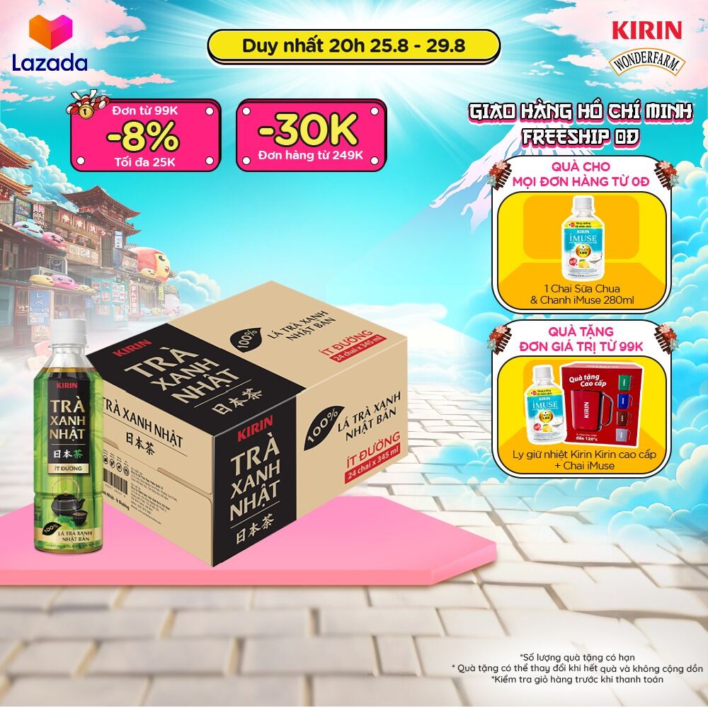 [duy nhất 20h 24-29.08 | đơn từ 99k tặng quà - giao hàng toàn quốc thùng 24 chai trà xanh nhật kirin ít đường 345ml