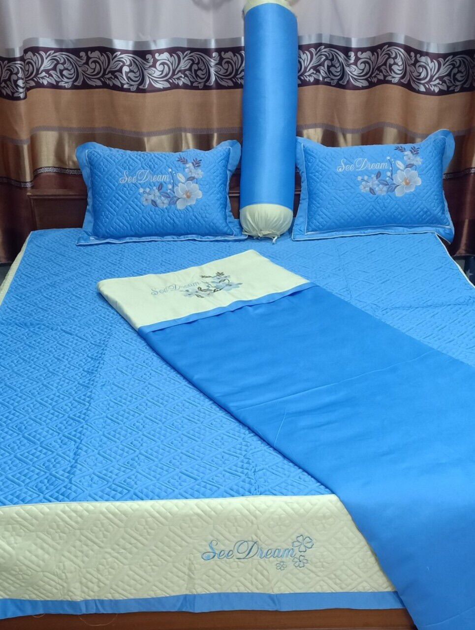 Bộ Chăn Ga Gối SaTin 5 Món Cao Cấp( 1 Chăn, 1 Drap, 2 Vỏ Gối Nằm, 1 Vỏ Gối Ôm)