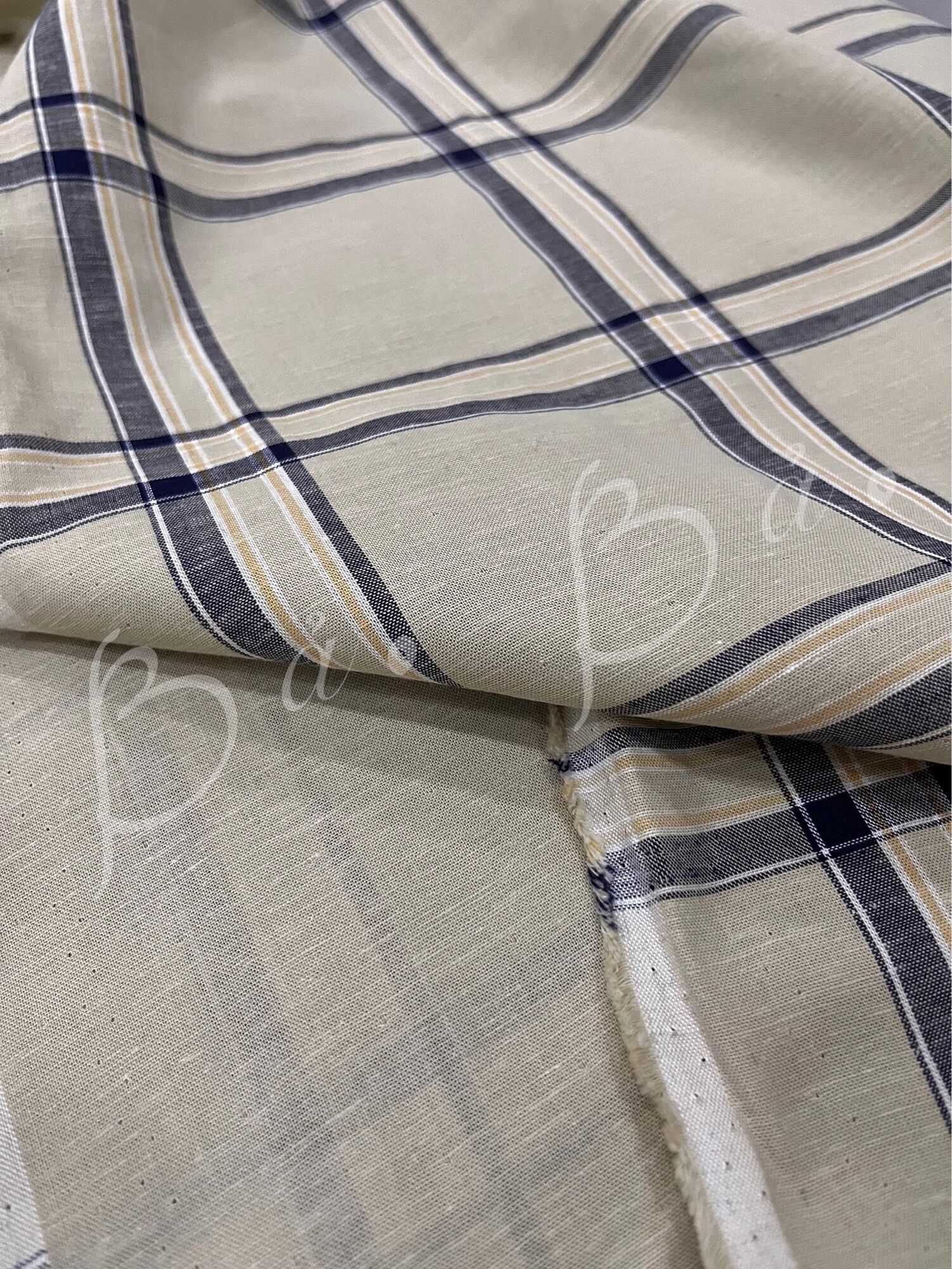 Vải xô linen 2 da kem in sọc ô caro bản to mềm rũ khổ 1m50