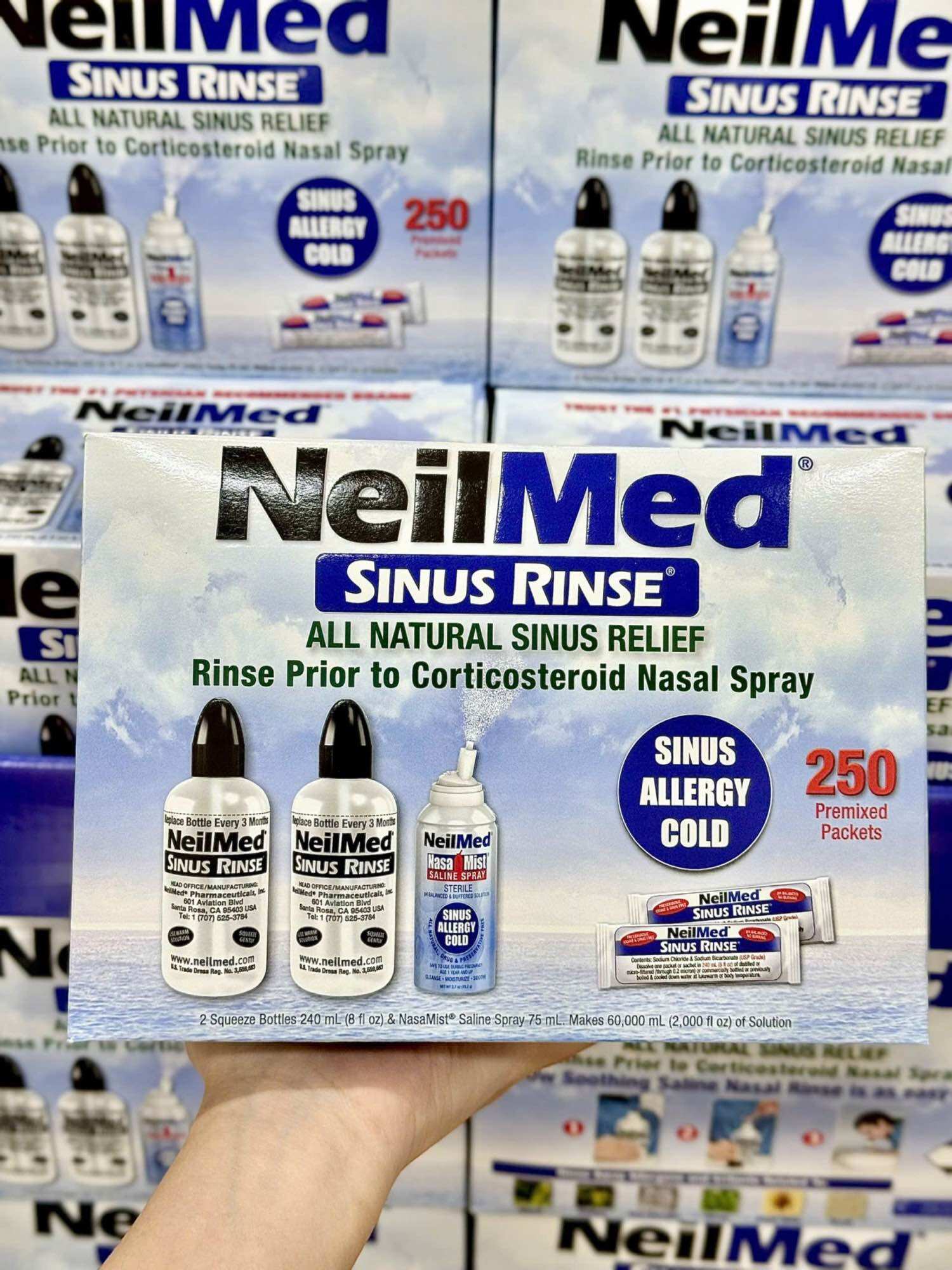  Nước Muối Rửa Mũi Neilmed Mỹ 250 Gói Tặng 2 Bình Rửa Và 1 Chai Xịt Mũi 