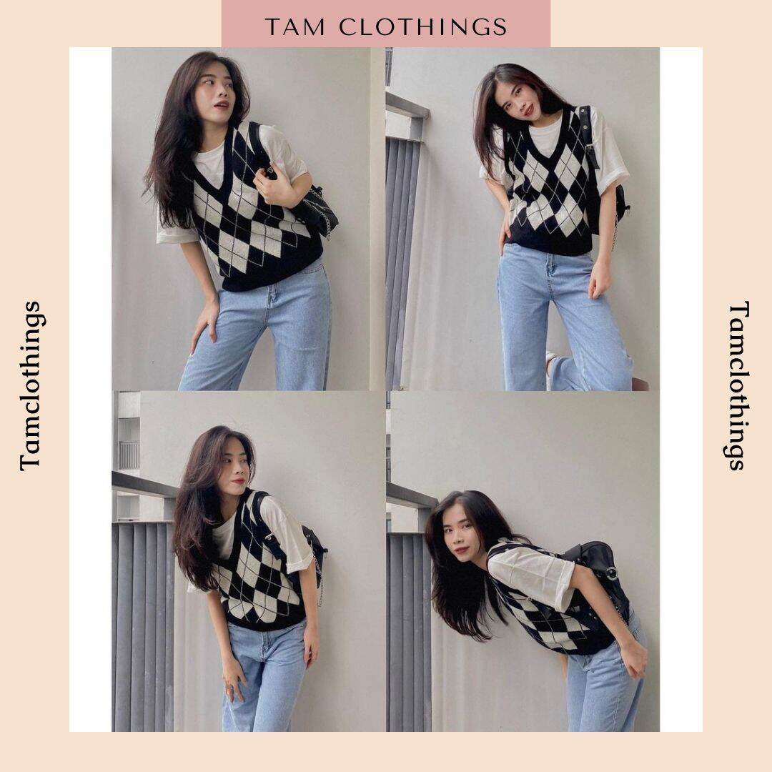 Áo gile len nữ hoạ tiết caro len mềm mịn phong cách Uzzlang TÂM Clothings
