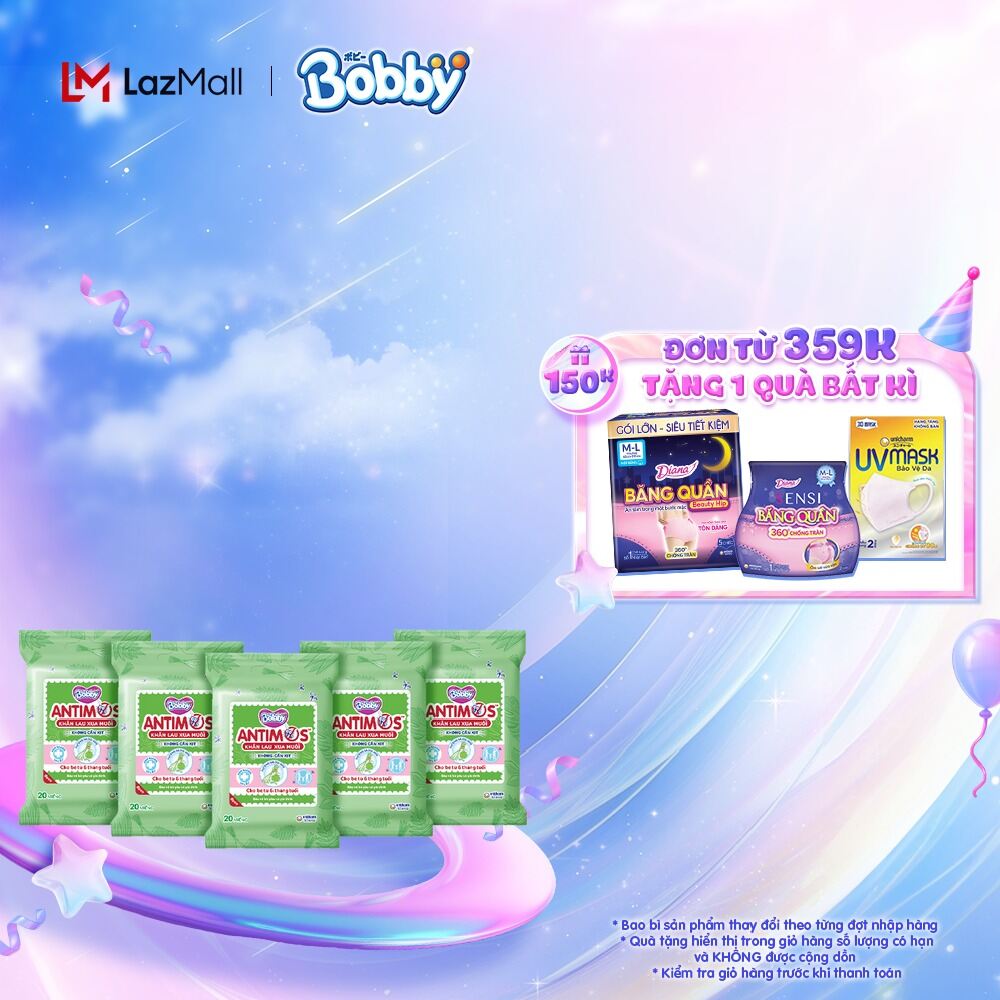[MỚI] Combo 5 Khăn lau xua muỗi Bobby Antimos 20 miếng