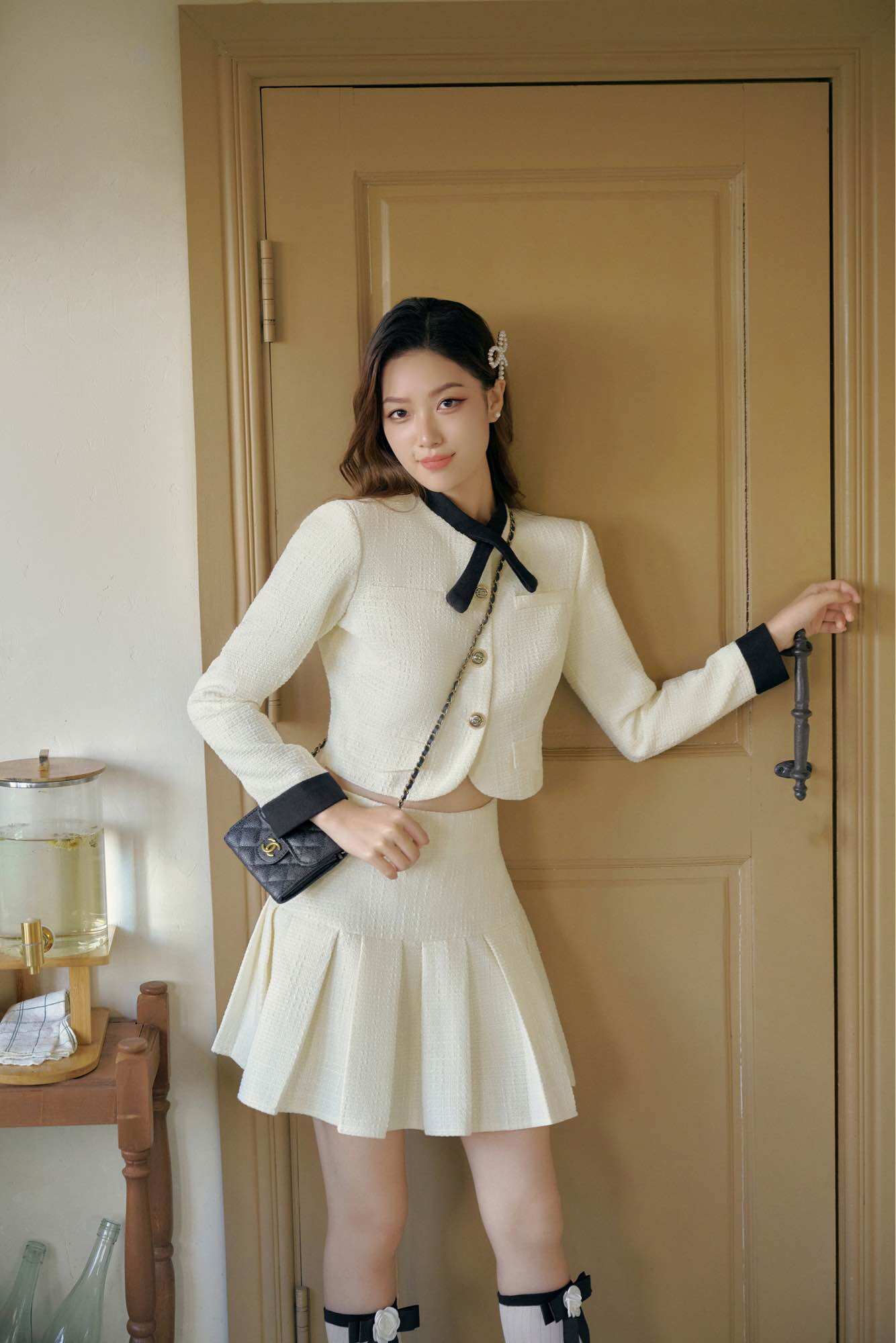 CÉLESTE - Áo dạ tweed be phối cổ đen Hasie Coat
