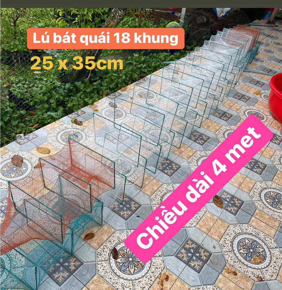 Lú bát quái 12 cửa ngục, lú 18 khung Dài 4 met, kích cỡ 25x35cm, mắt lưới 1,5p độ 3 và 2,5p độ 6.
