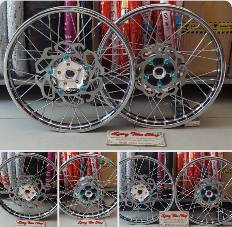 Bánh căm EXCITER 150 căm đùm mạ crom niềng sắt union kèm 2 đĩa trước sau và 10 ốc titan như hình