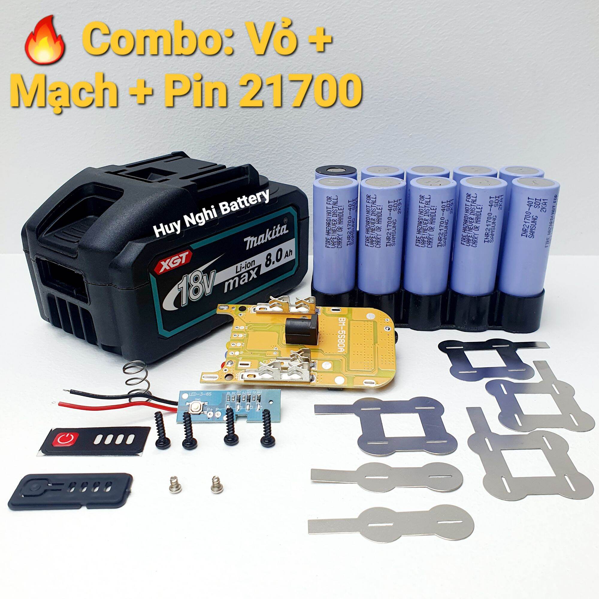Combo: vỏ 21700 + mạch 5s80a + 10 cell samsung 40t
