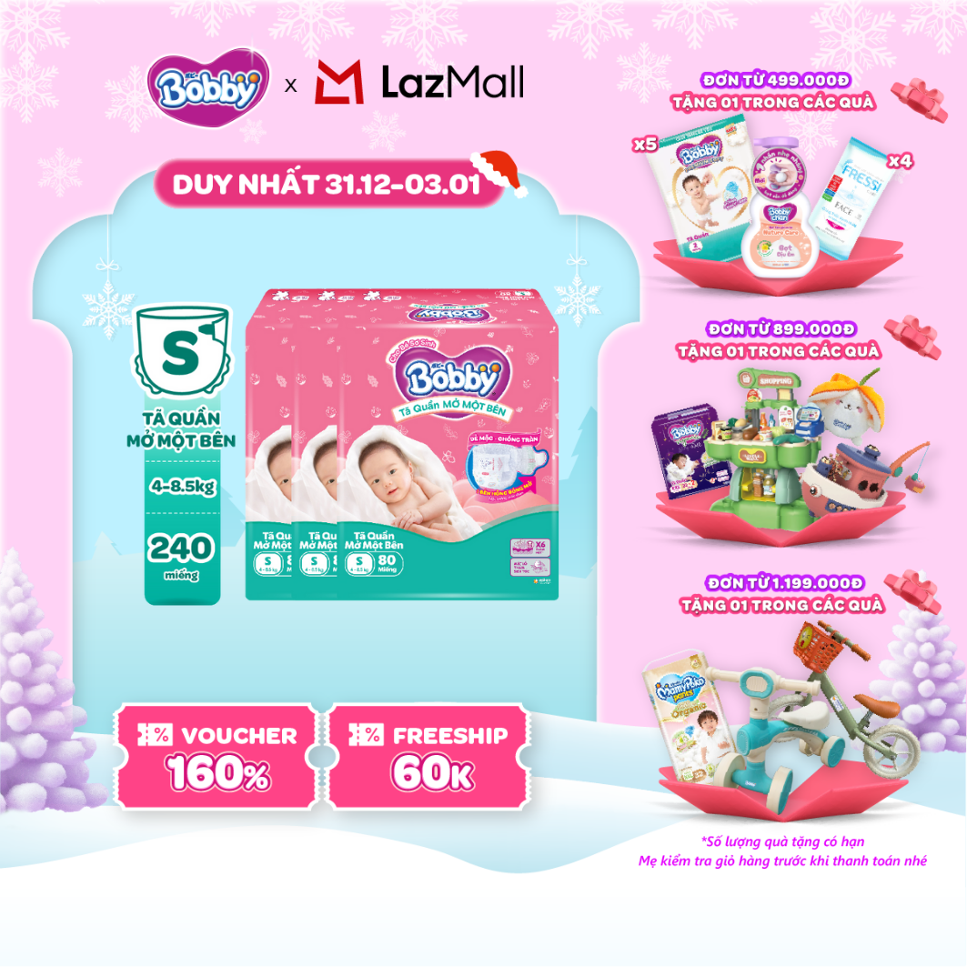   CHỈ 20h 31.12-03.01 QT Đơn 899K 1199K  MỚI  TẶNG MIẾNG  Combo 3 gói tã quần mở một bên Bobby dành cho bé sơ sinh size S80 
