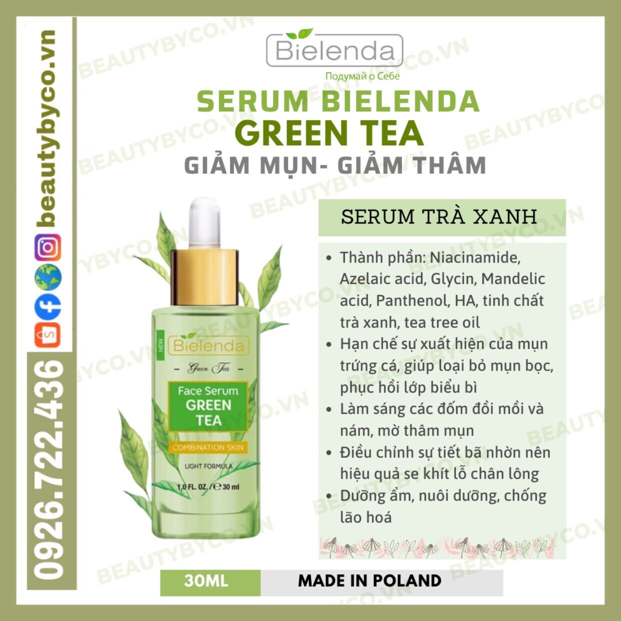 Serum Bielend Green Tea Giảm Mụn Giảm Viêm Mờ Thâm Thu Nhỏ Lỗ Chân Lông Kiềm Dầu